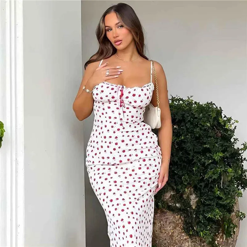 White Floral Print Charming Strap Midi Dress