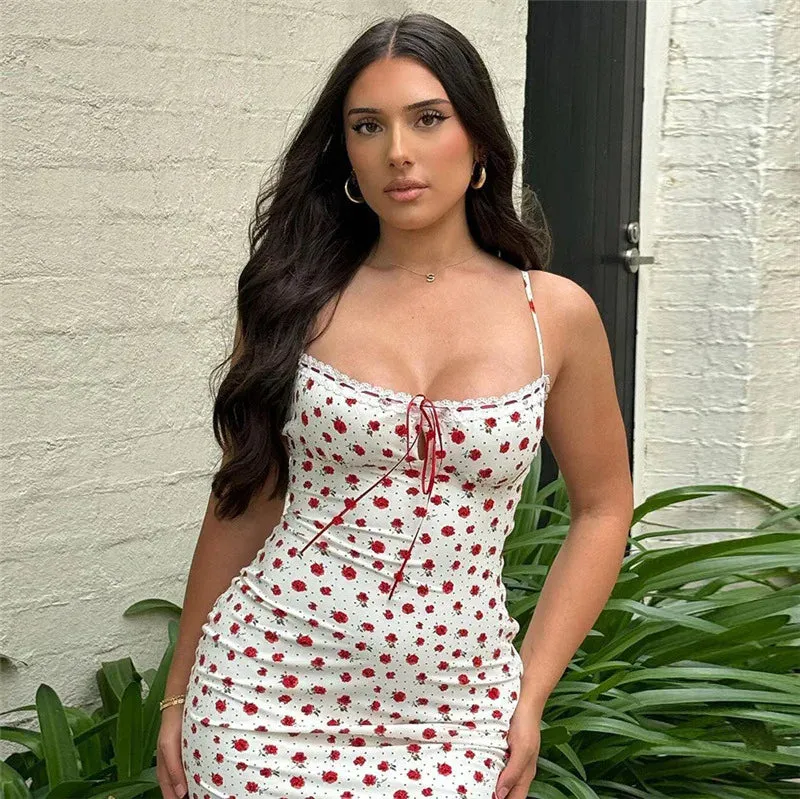 White Floral Print Charming Strap Midi Dress