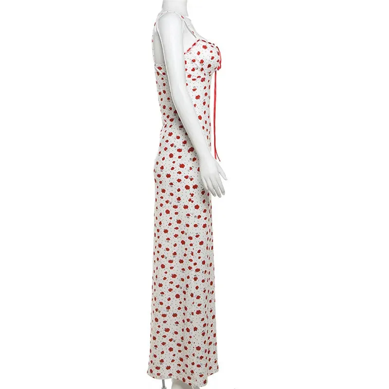 White Floral Print Charming Strap Midi Dress