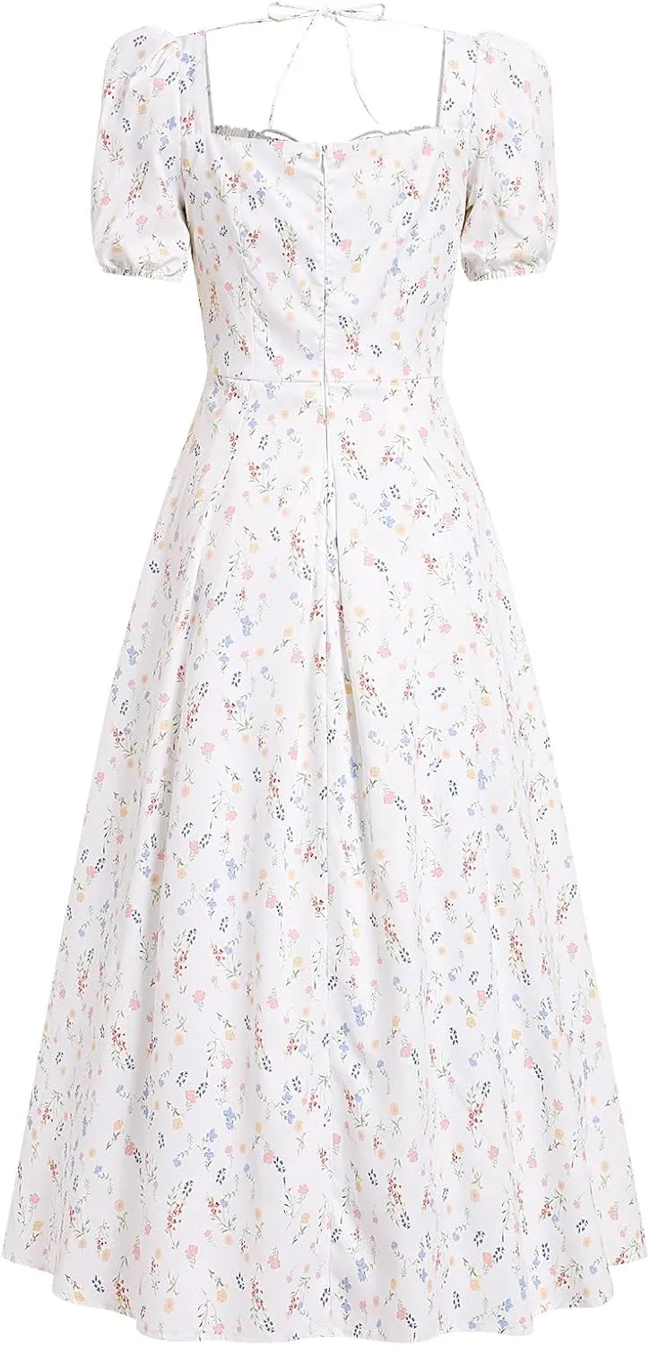 Women Floral Corset Dress Short Puff Sleeve Boho Casual Summer Dresses 2024 Split Midi Dress Flowy Bustier Sundress