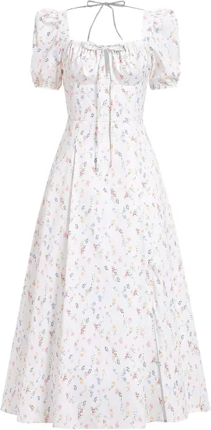 Women Floral Corset Dress Short Puff Sleeve Boho Casual Summer Dresses 2024 Split Midi Dress Flowy Bustier Sundress