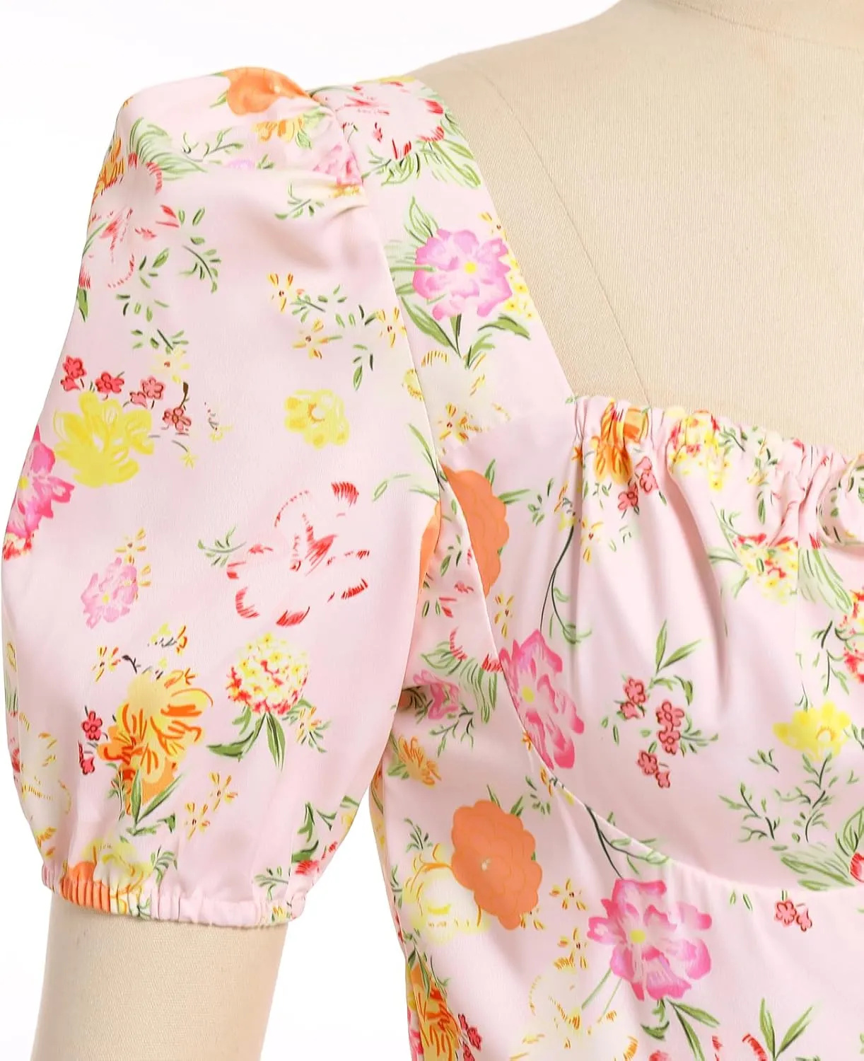 Women Floral Corset Dress Short Puff Sleeve Boho Casual Summer Dresses 2024 Split Midi Dress Flowy Bustier Sundress