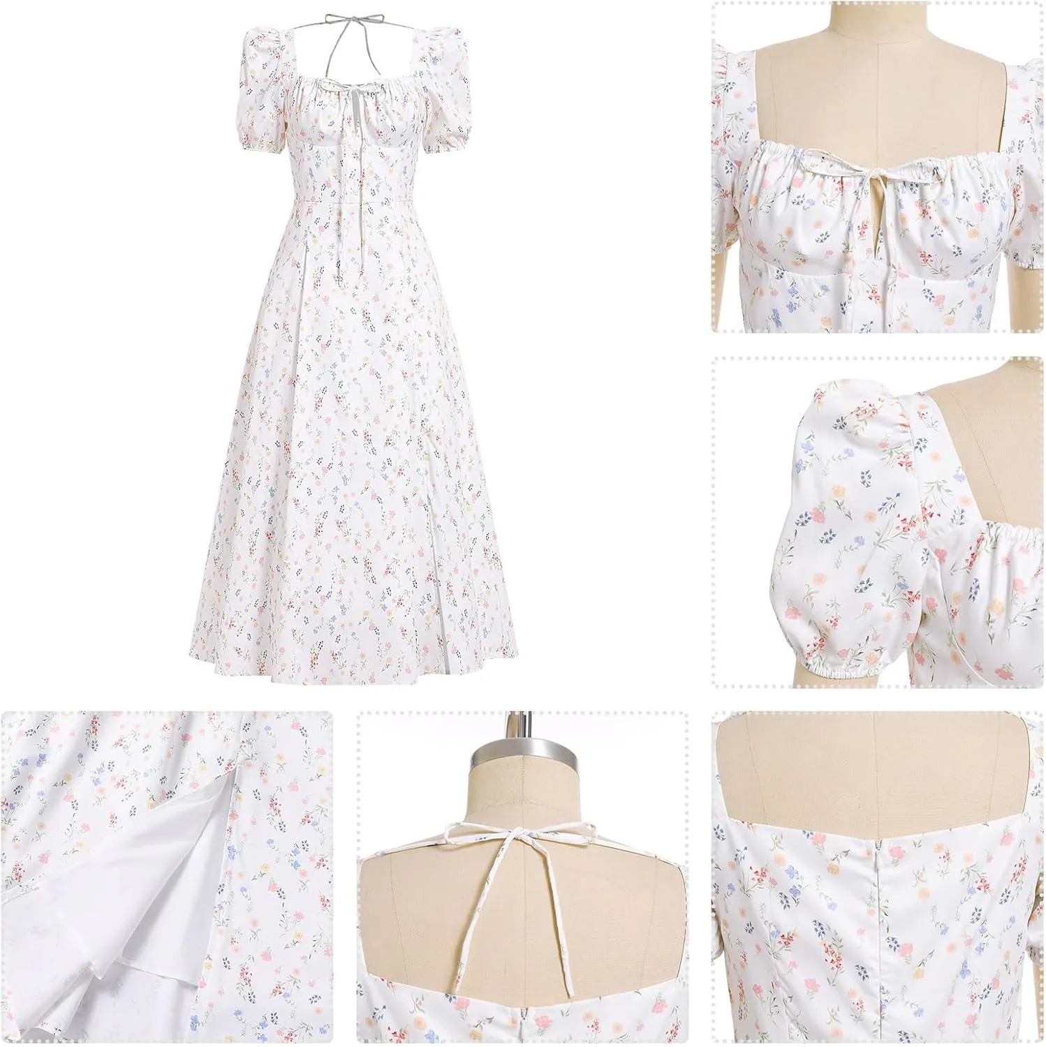 Women Floral Corset Dress Short Puff Sleeve Boho Casual Summer Dresses 2024 Split Midi Dress Flowy Bustier Sundress