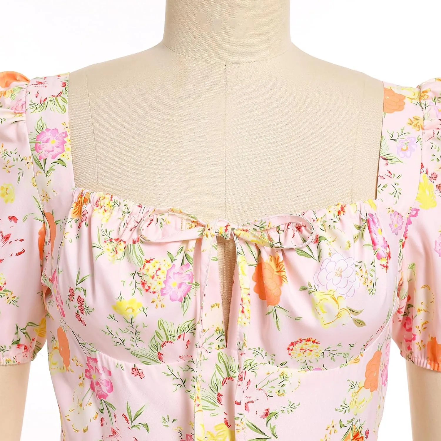 Women Floral Corset Dress Short Puff Sleeve Boho Casual Summer Dresses 2024 Split Midi Dress Flowy Bustier Sundress