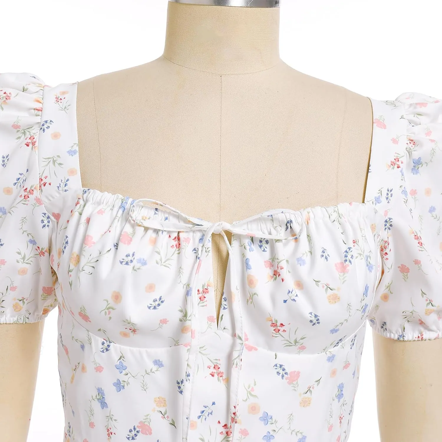 Women Floral Corset Dress Short Puff Sleeve Boho Casual Summer Dresses 2024 Split Midi Dress Flowy Bustier Sundress