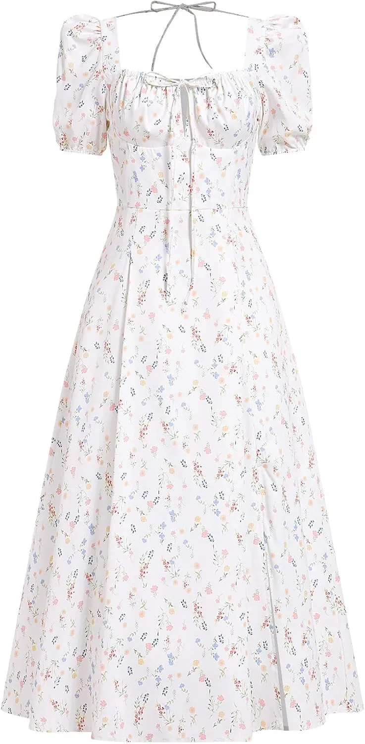 Women Floral Corset Dress Short Puff Sleeve Boho Casual Summer Dresses 2024 Split Midi Dress Flowy Bustier Sundress