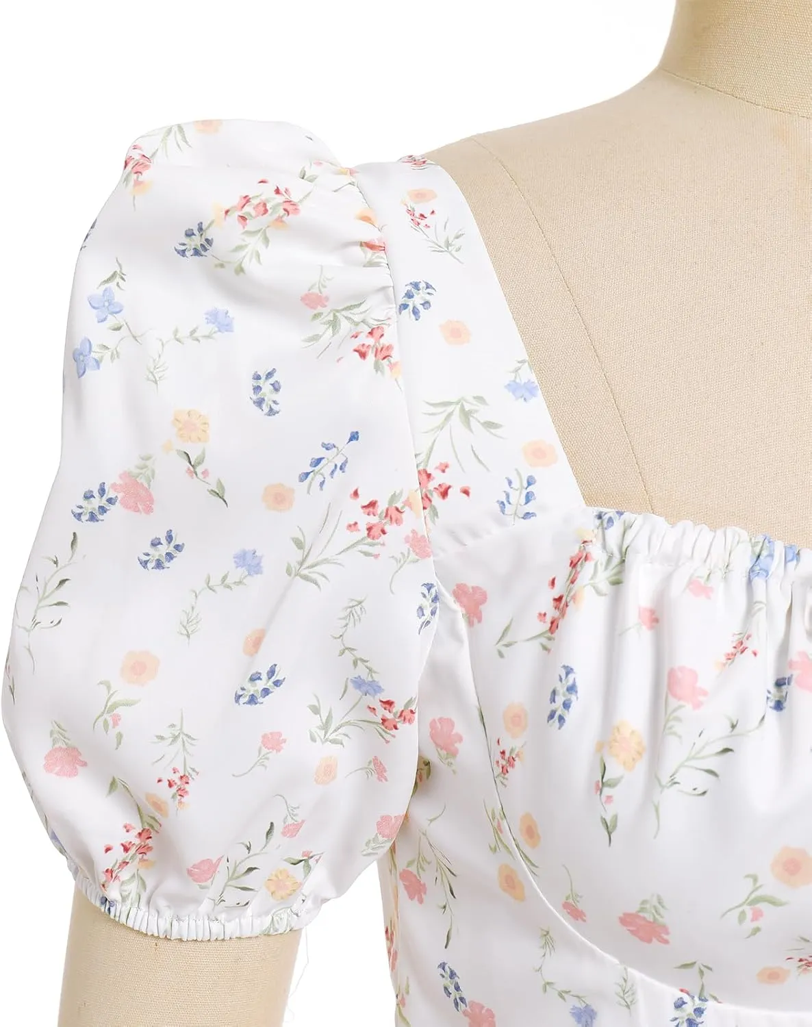 Women Floral Corset Dress Short Puff Sleeve Boho Casual Summer Dresses 2024 Split Midi Dress Flowy Bustier Sundress