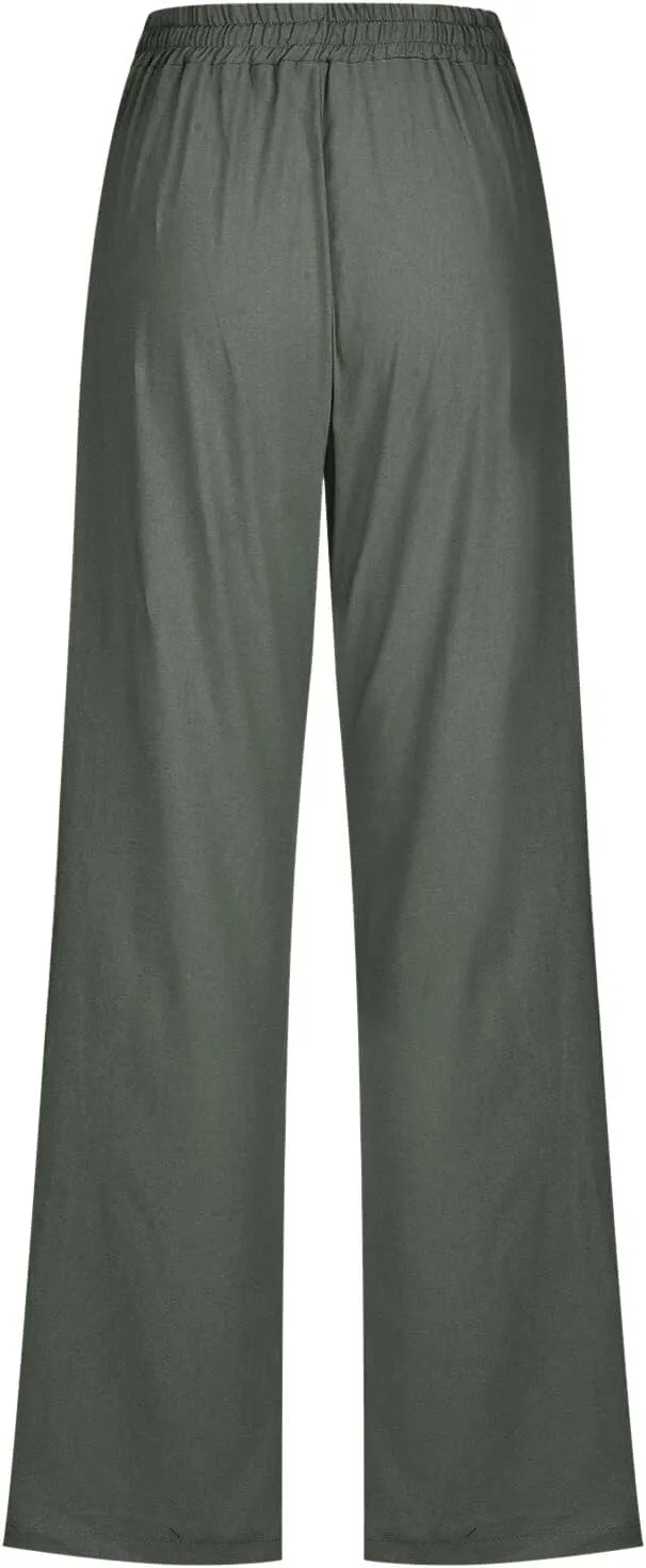 Women Pants Trendy Pull On Linen Pants Summer 2024 Trendy Straight Leg Elastic Waisted Palazzo Trouser With Pocket