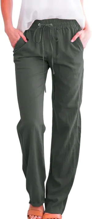Women Pants Trendy Pull On Linen Pants Summer 2024 Trendy Straight Leg Elastic Waisted Palazzo Trouser With Pocket