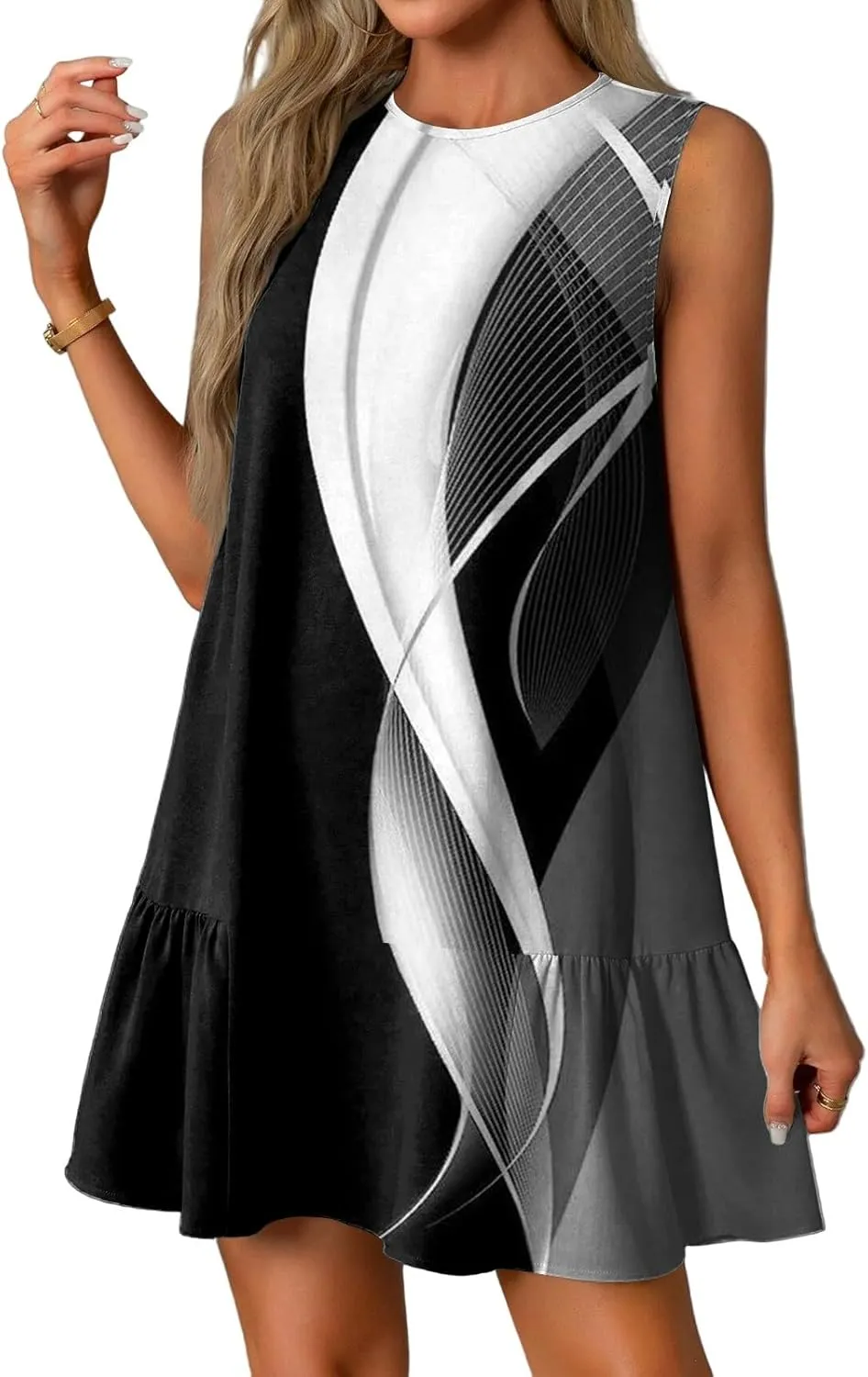 Womens Summer Dresses Casual Sleeveless Tank Dress Business Ruffle Hem Crewneck Trendy Mini Dresses
