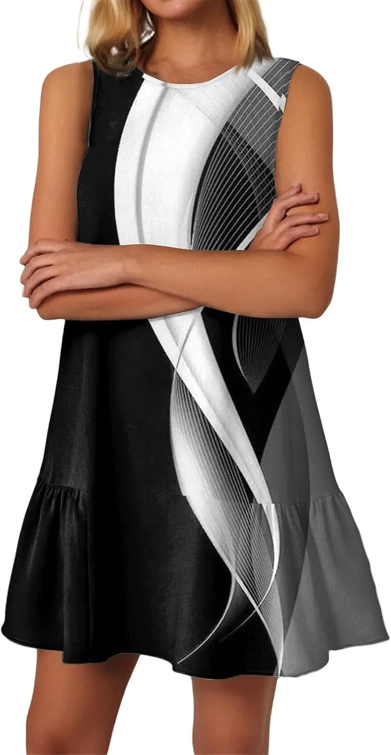 Womens Summer Dresses Casual Sleeveless Tank Dress Business Ruffle Hem Crewneck Trendy Mini Dresses