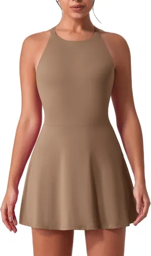 Women's Tennis Dress Sleeveless 2-in-1 with Built-in Bra & Shorts Pockets Active Yoga Golf Dress