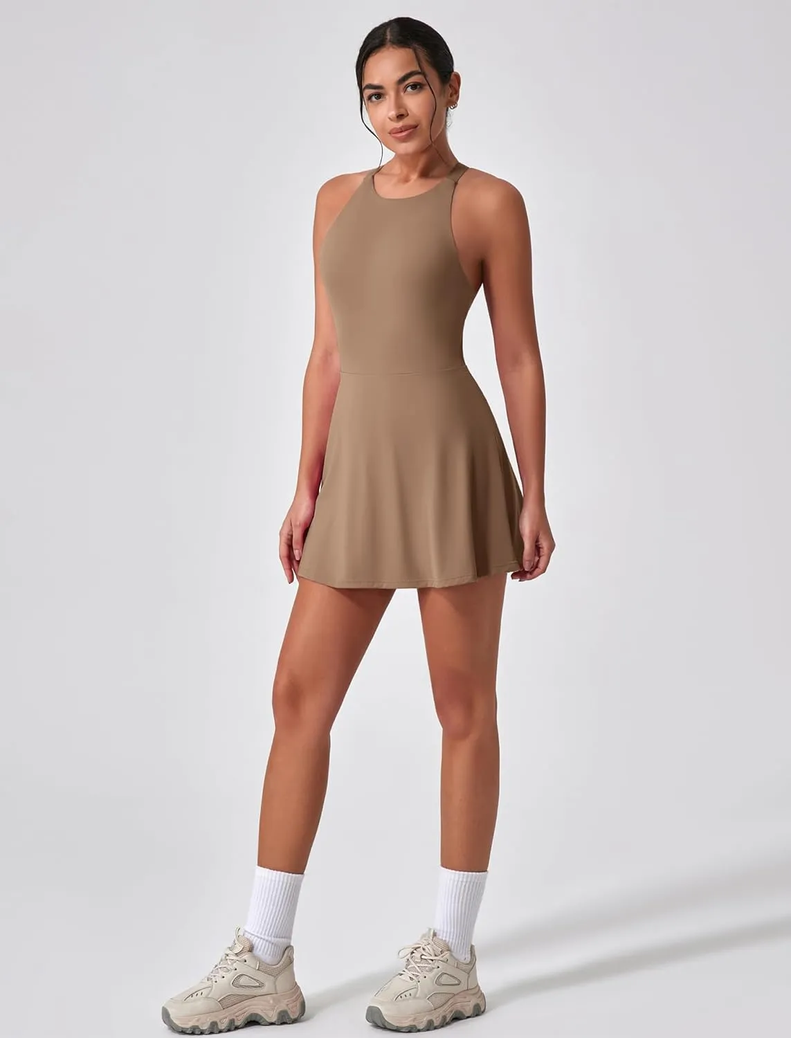 Women's Tennis Dress Sleeveless 2-in-1 with Built-in Bra & Shorts Pockets Active Yoga Golf Dress