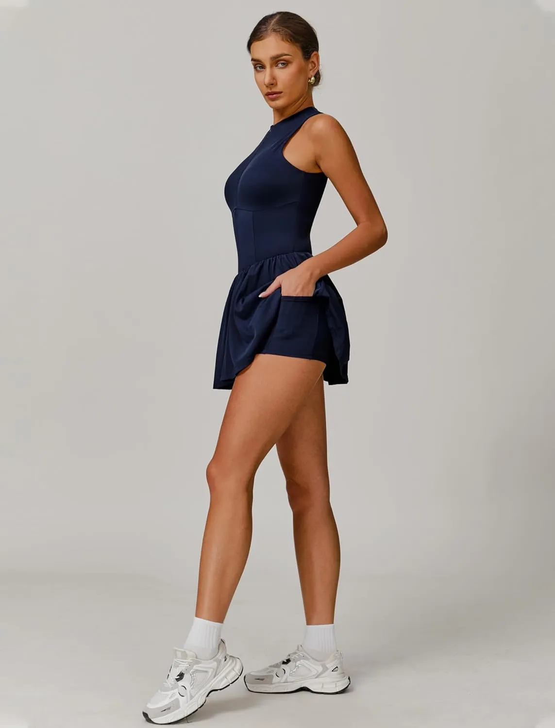 Womens Tennis Golf Dress with Built-in Bra Shorts Zipper Slim Fit A-line Hem Skirt Athletic Dresses with Pockets