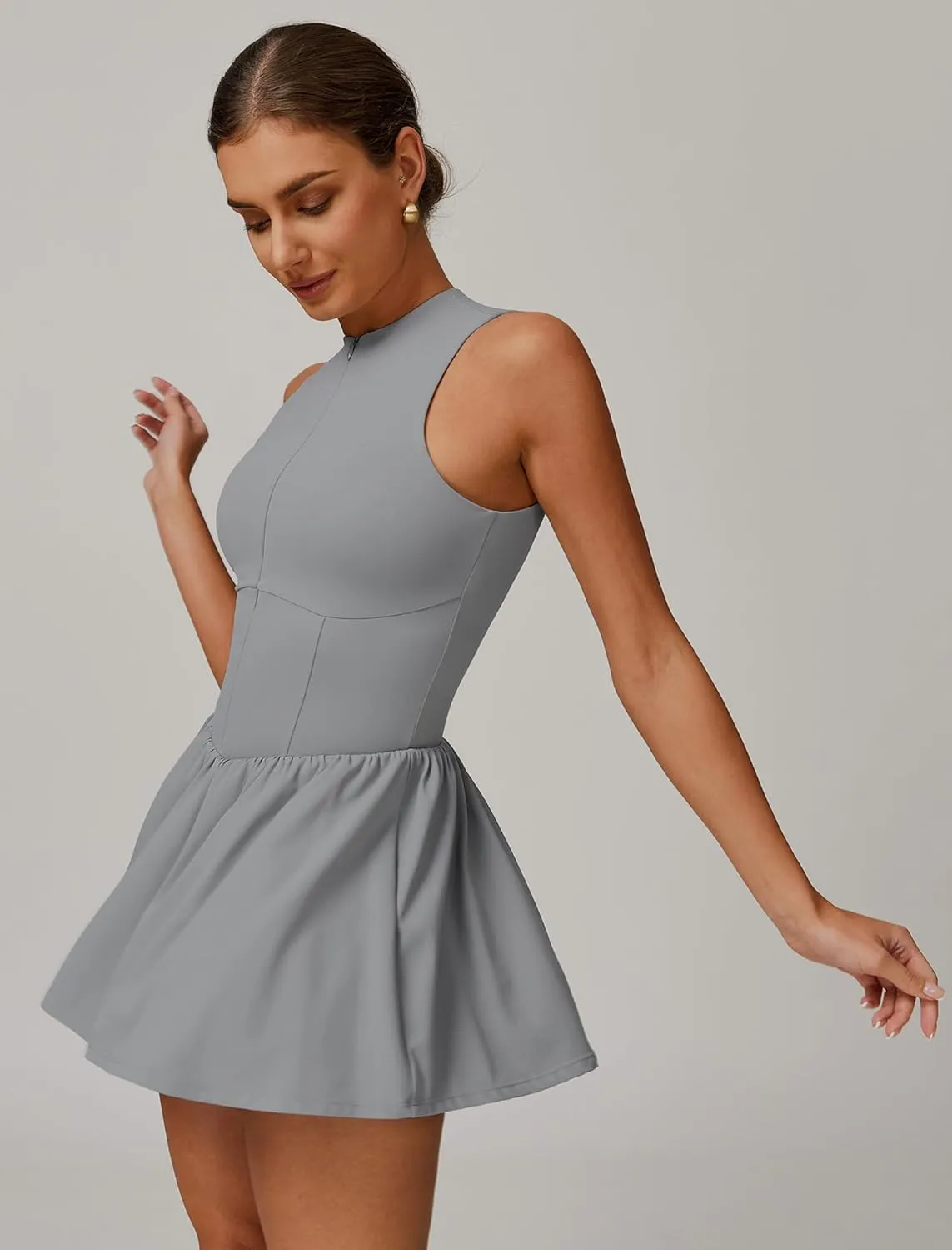 Womens Tennis Golf Dress with Built-in Bra Shorts Zipper Slim Fit A-line Hem Skirt Athletic Dresses with Pockets