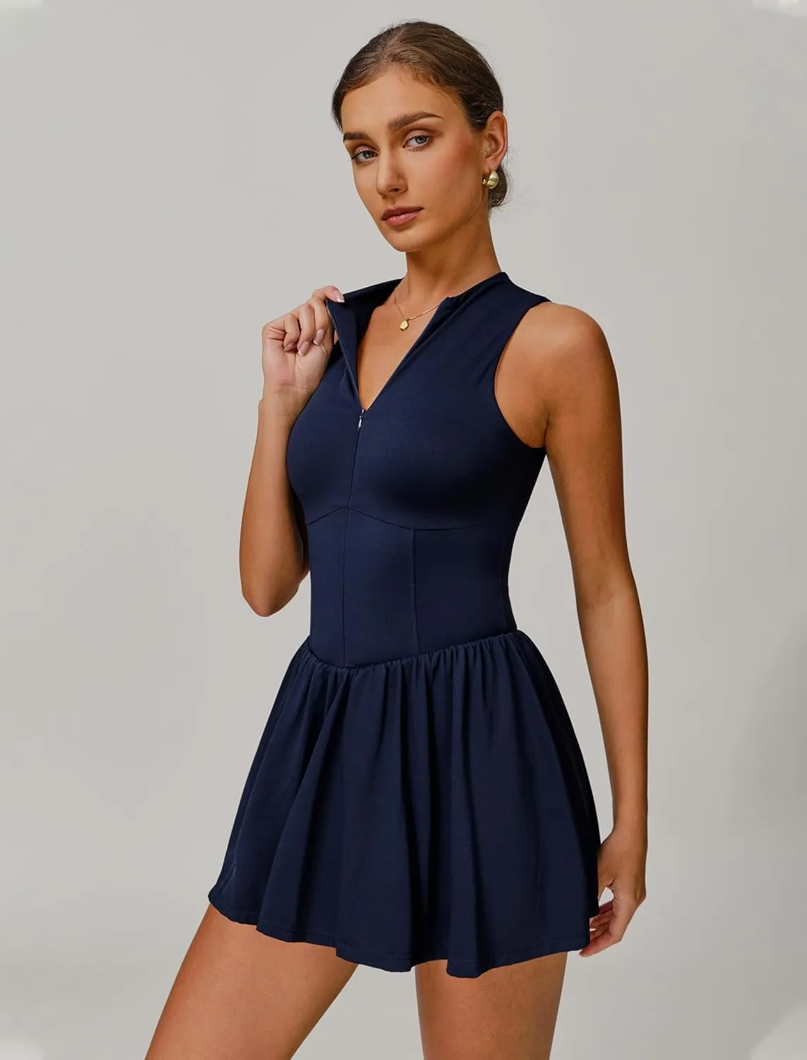Womens Tennis Golf Dress with Built-in Bra Shorts Zipper Slim Fit A-line Hem Skirt Athletic Dresses with Pockets