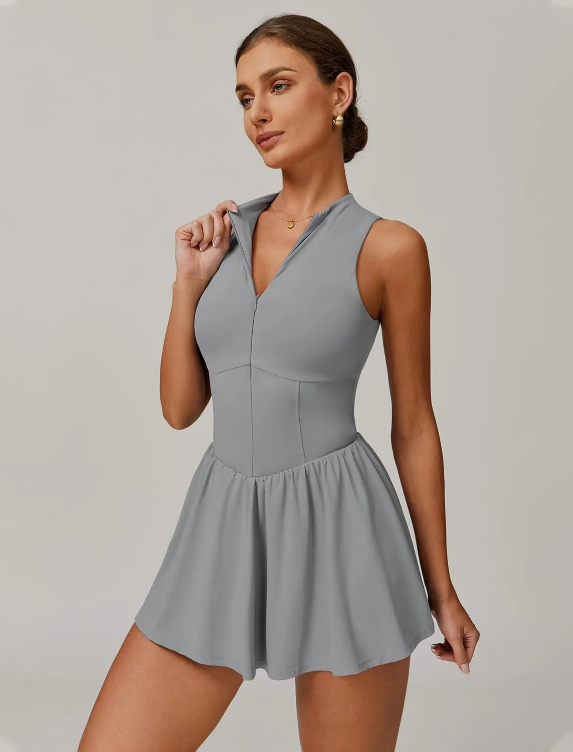 Womens Tennis Golf Dress with Built-in Bra Shorts Zipper Slim Fit A-line Hem Skirt Athletic Dresses with Pockets