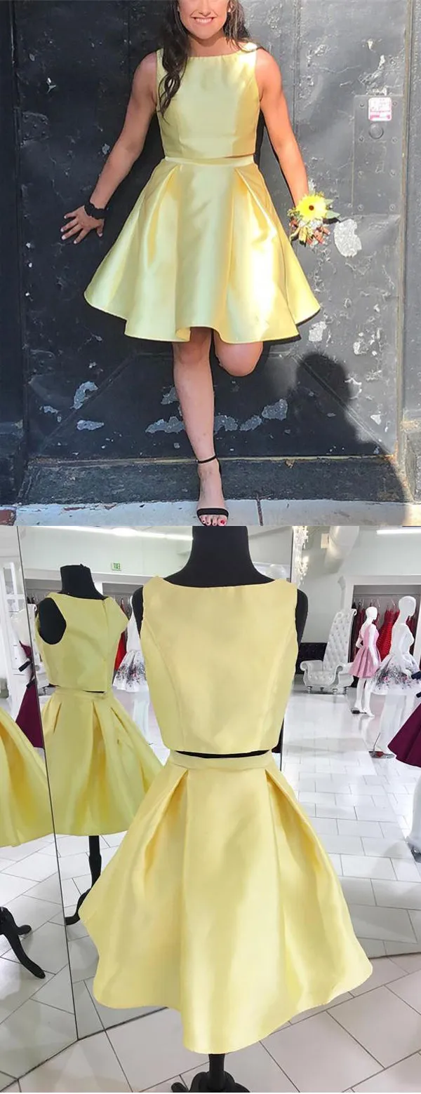 Yellow Satin Two Piece Charming Homecoming Dresses,HD0042